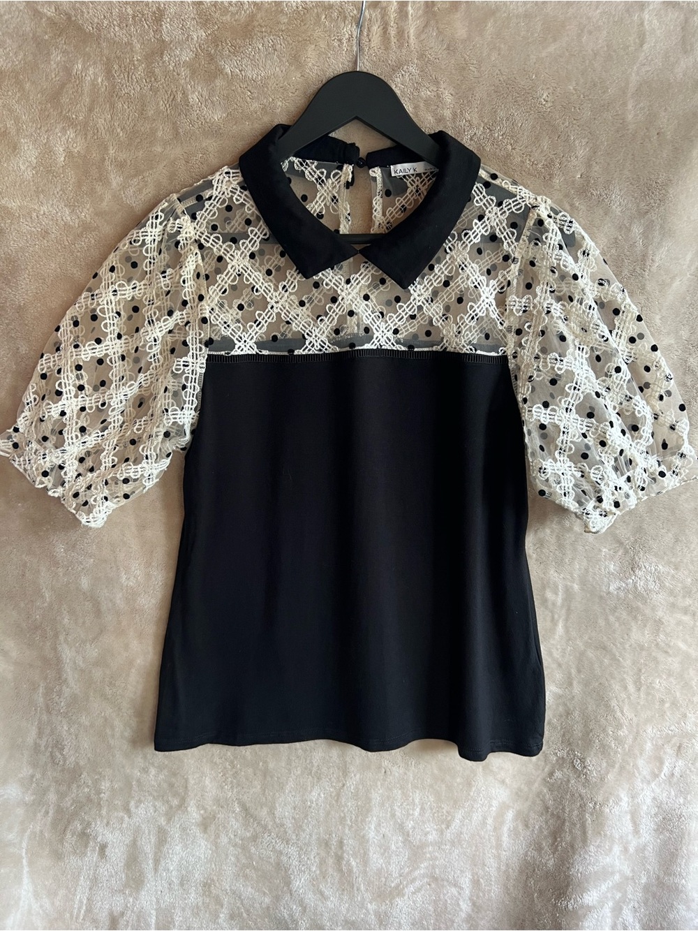 Kaily K Black White Lace Polka Dot Peter Pan Collar Puff Sleeve Top Medium Chic - Picture 2 of 9